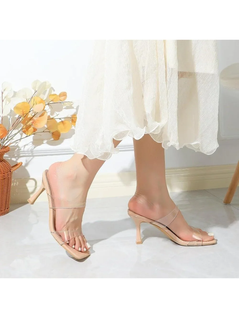 Women's Clear Two Straps Kitten Heels Stiletto Heel Square Open Toe Slip On